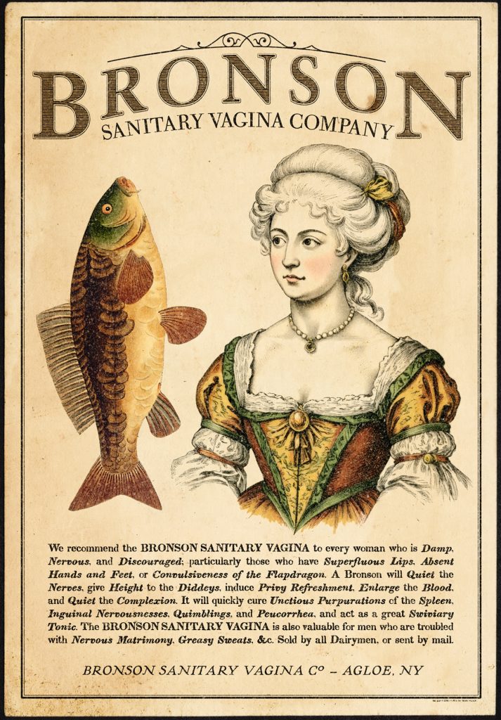 A vintage trade card depicts a woman and an enormous fish eyeing one another with suspicion and annoyance.
